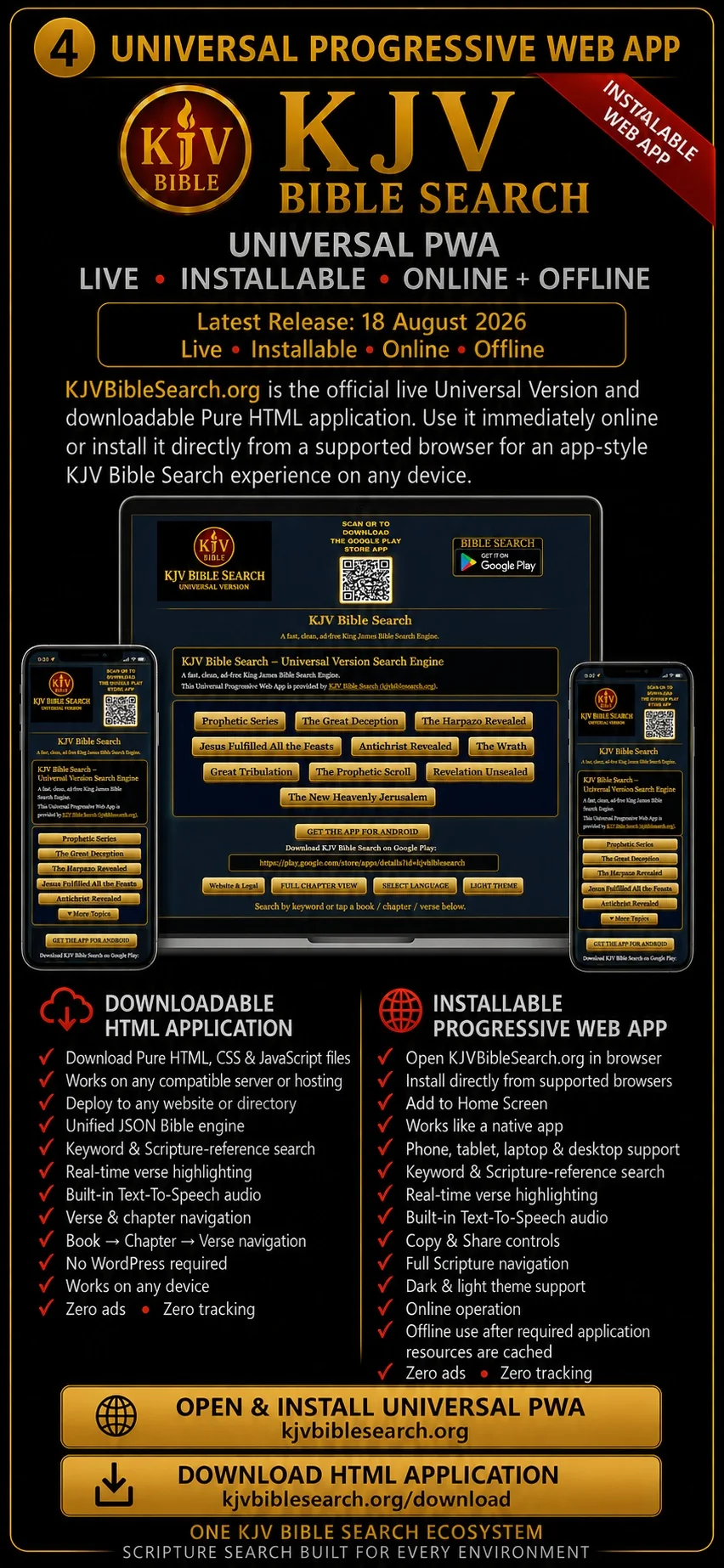 KJV Bible Search Universal HTML Version and installable Progressive Web App with live PWA operation at KJVBibleSearch.org, downloadable standalone HTML CSS JavaScript application, Scripture search, highlighting, Text-To-Speech, Copy and Share and full Scripture navigation