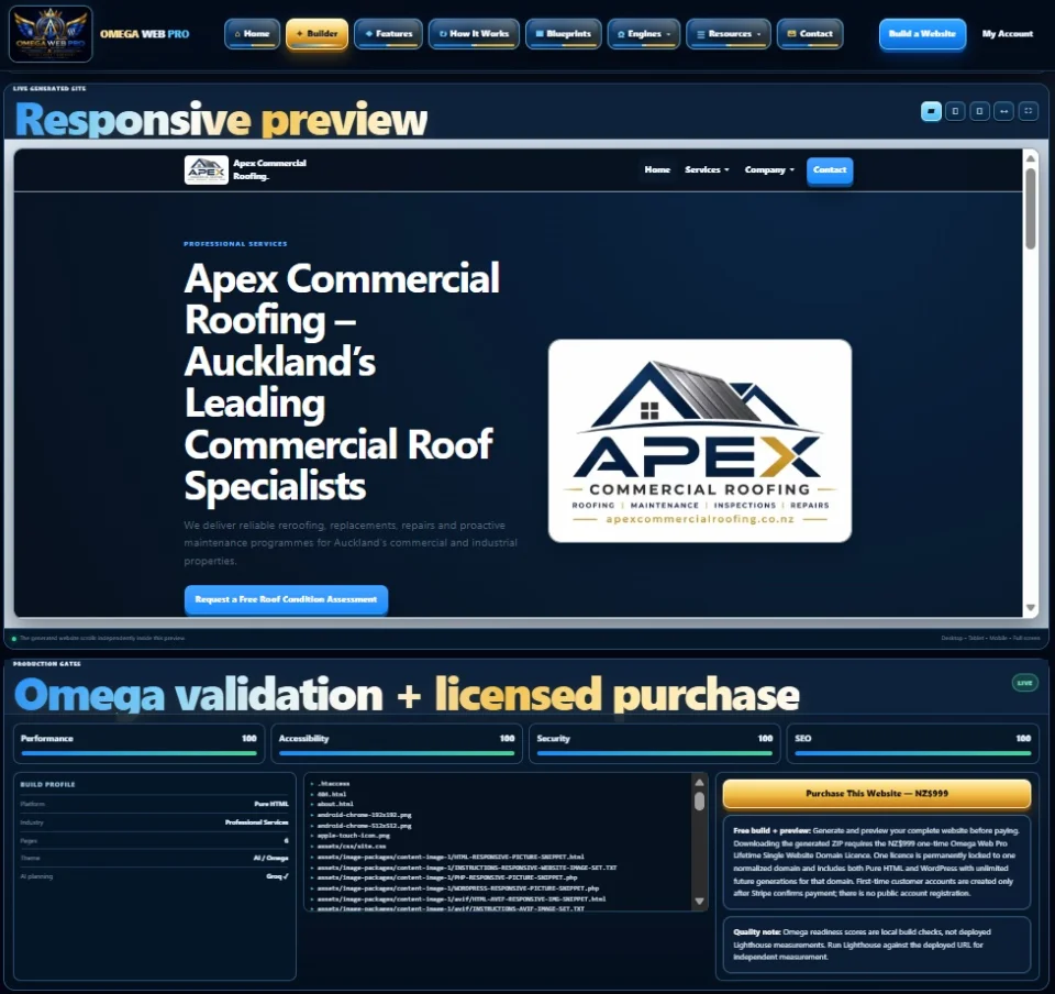 Omega Web Pro builder interface preview