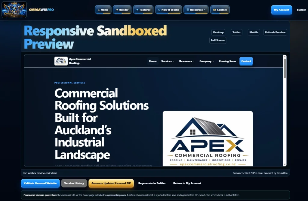 Omega Web Pro sandboxed real-time website preview