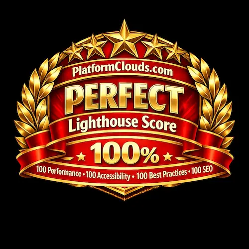 platformclouds.com Perfect Lighthouse Score Badge showing 100 Performance, 100 Accessibility, 100 Best Practices, and 100 SEO across mobile and desktop
